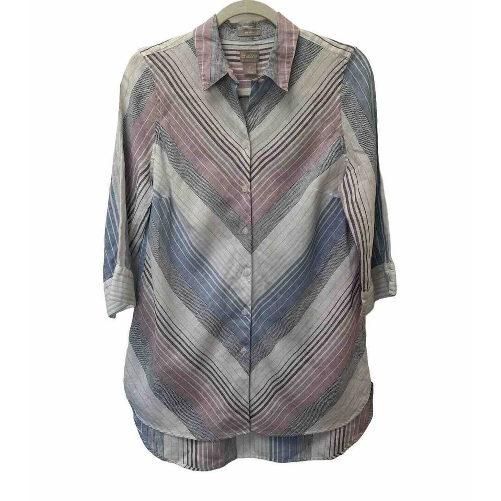 Chico’s 0 Size Small‎ No Iron Linen Button-up Shirt Chevron/Stripes 3/4 Sleeve